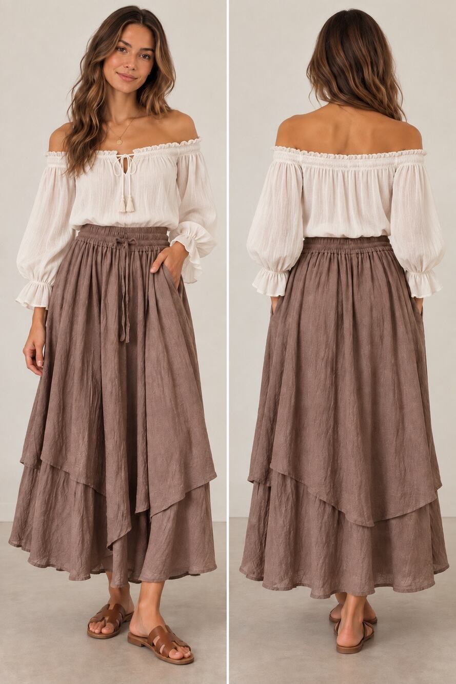 Scarlet Darkness Renaissance Peasant Brown Layered Maxi Skirt Pockets Sz XL